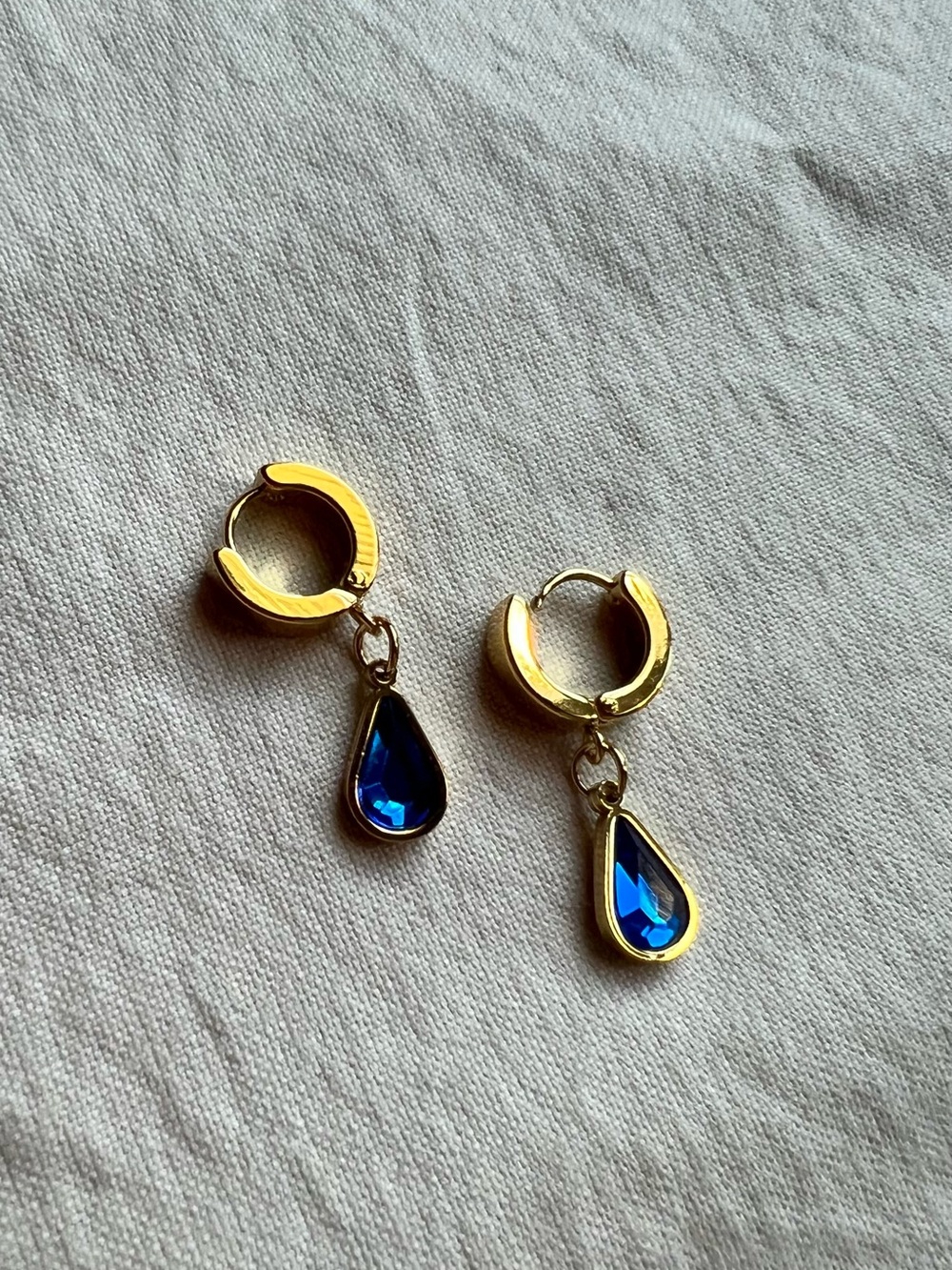 Gold Hoop Earrings with Blue Teardrop Crystal - Women Jewelry